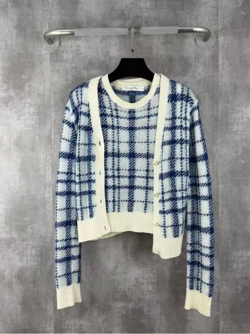🚩steal Dior White and Blue Plaid Knit Cardigan Set